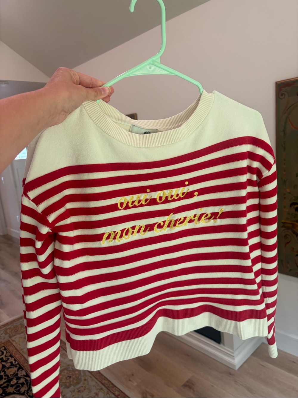 Anthropologie Red and Cream Striped Crewneck Sweater with Gold Script